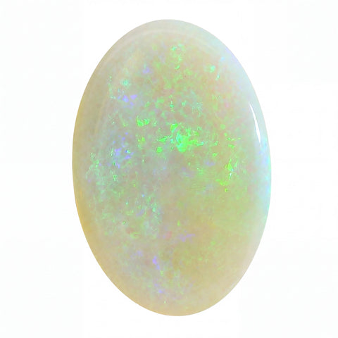Opal stone with colourful play of light on a white background