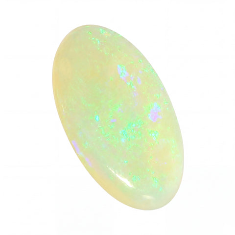 Opal stone with colourful speckles on a white background