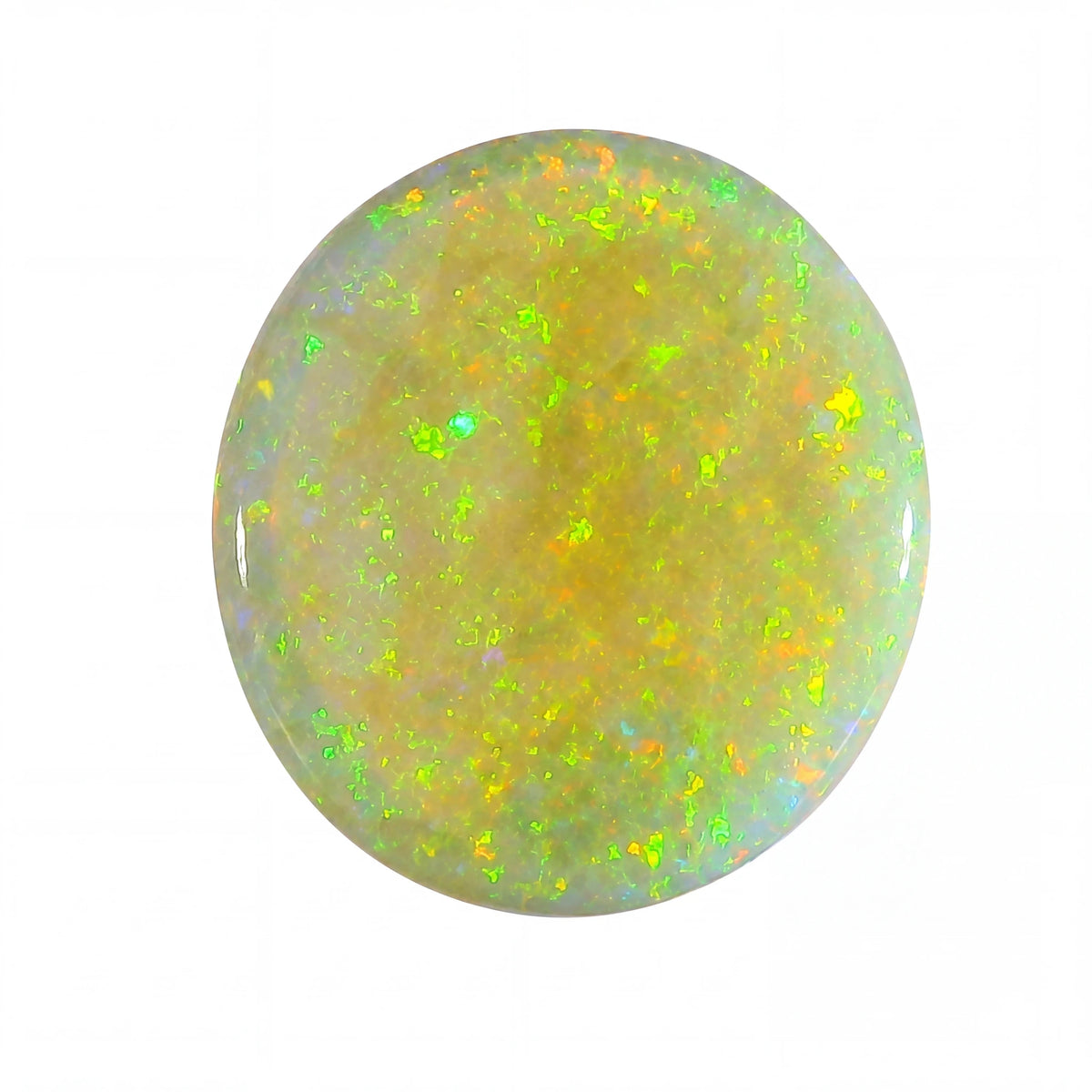Round opal stone with multicoloured fluorescence on a white background