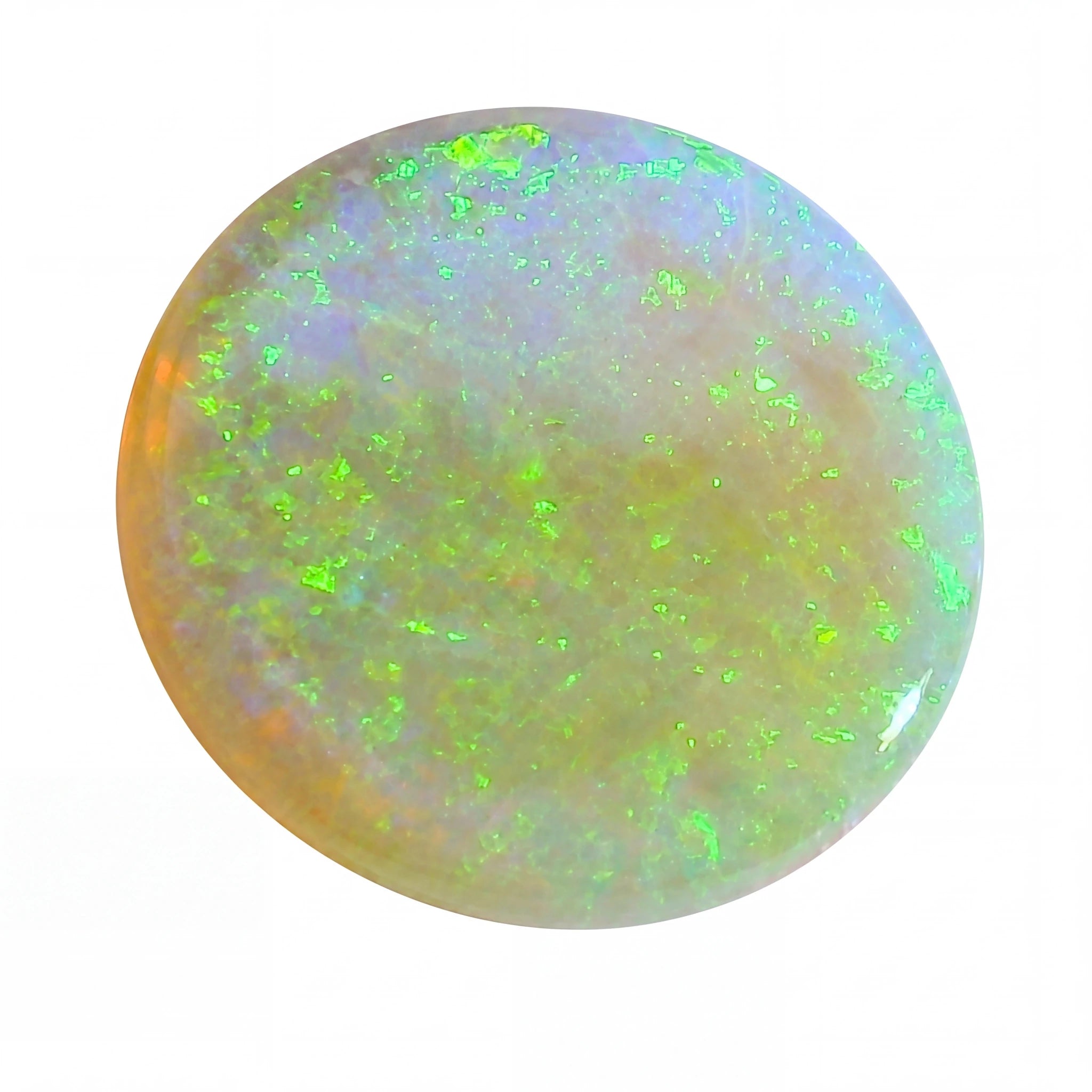 Round opal stone with green and white colours on a white background