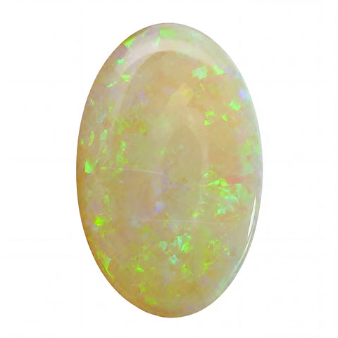 Oval-shaped opal stone with green and white colours on a white background