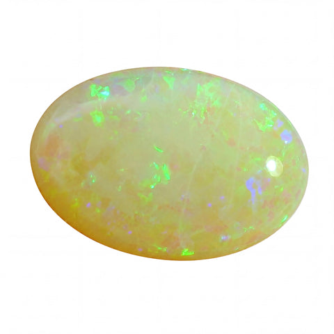 Oval-shaped opal stone with a bright, multicoloured interior on a white background