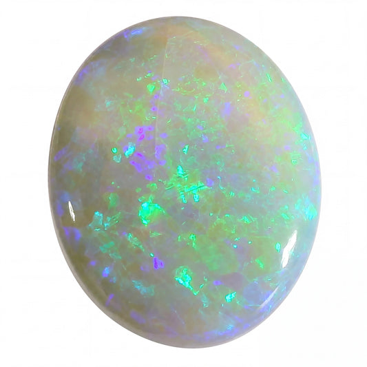 Opal stone with multicoloured fluorescence on a white background