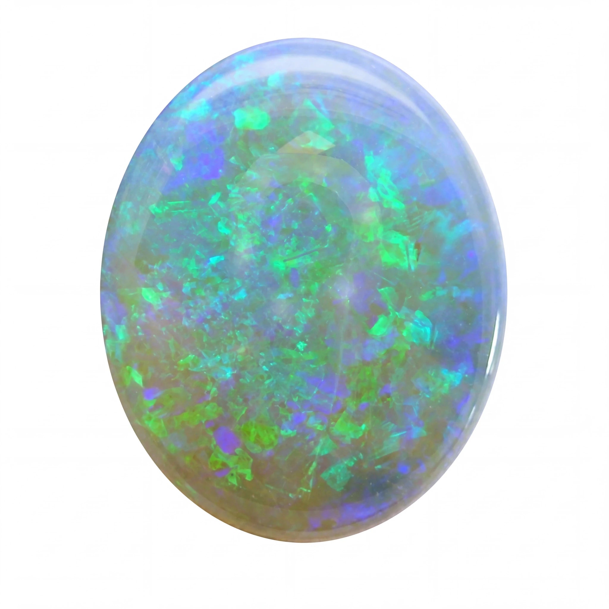 Oval-shaped opal stone with multicolour play of light on a white background