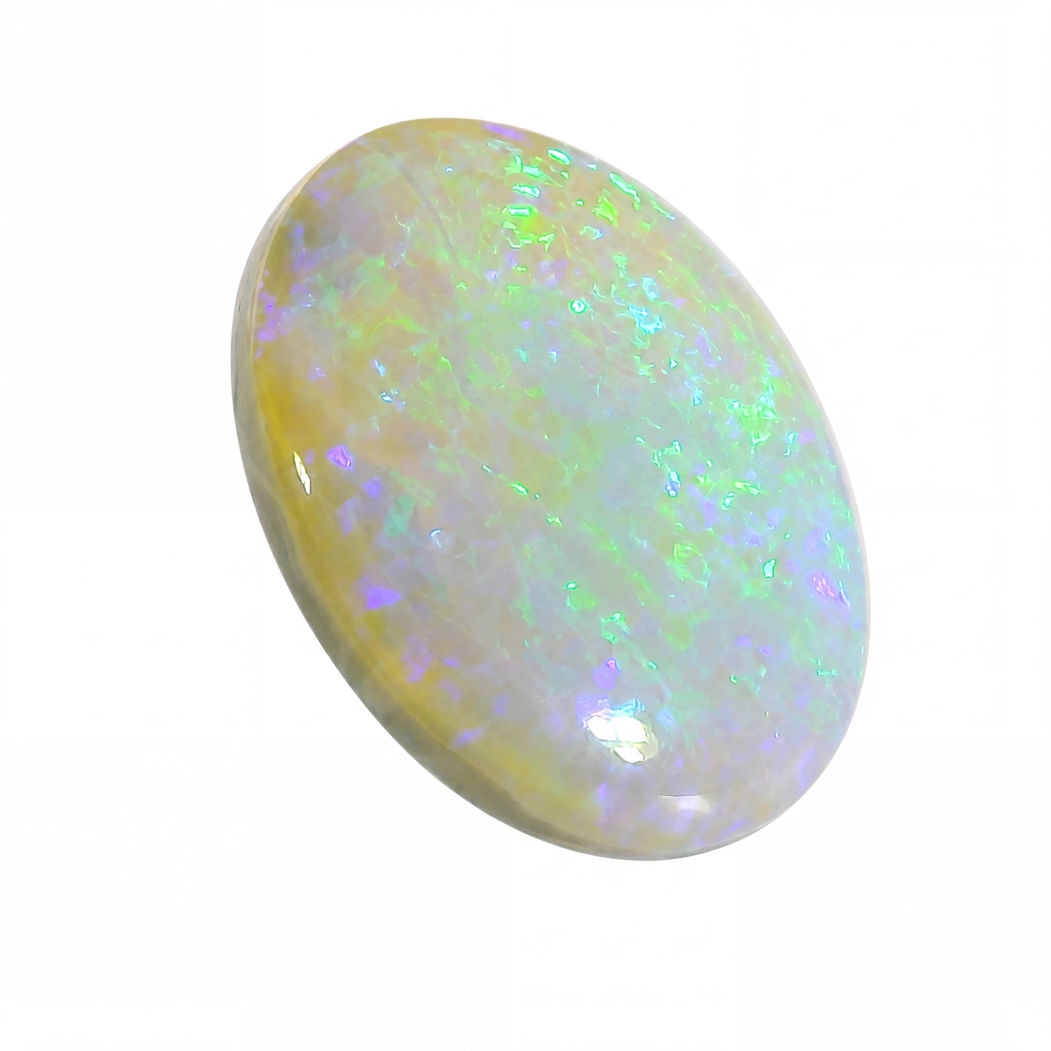 Oval-shaped opal stone with multicolour play on a white background