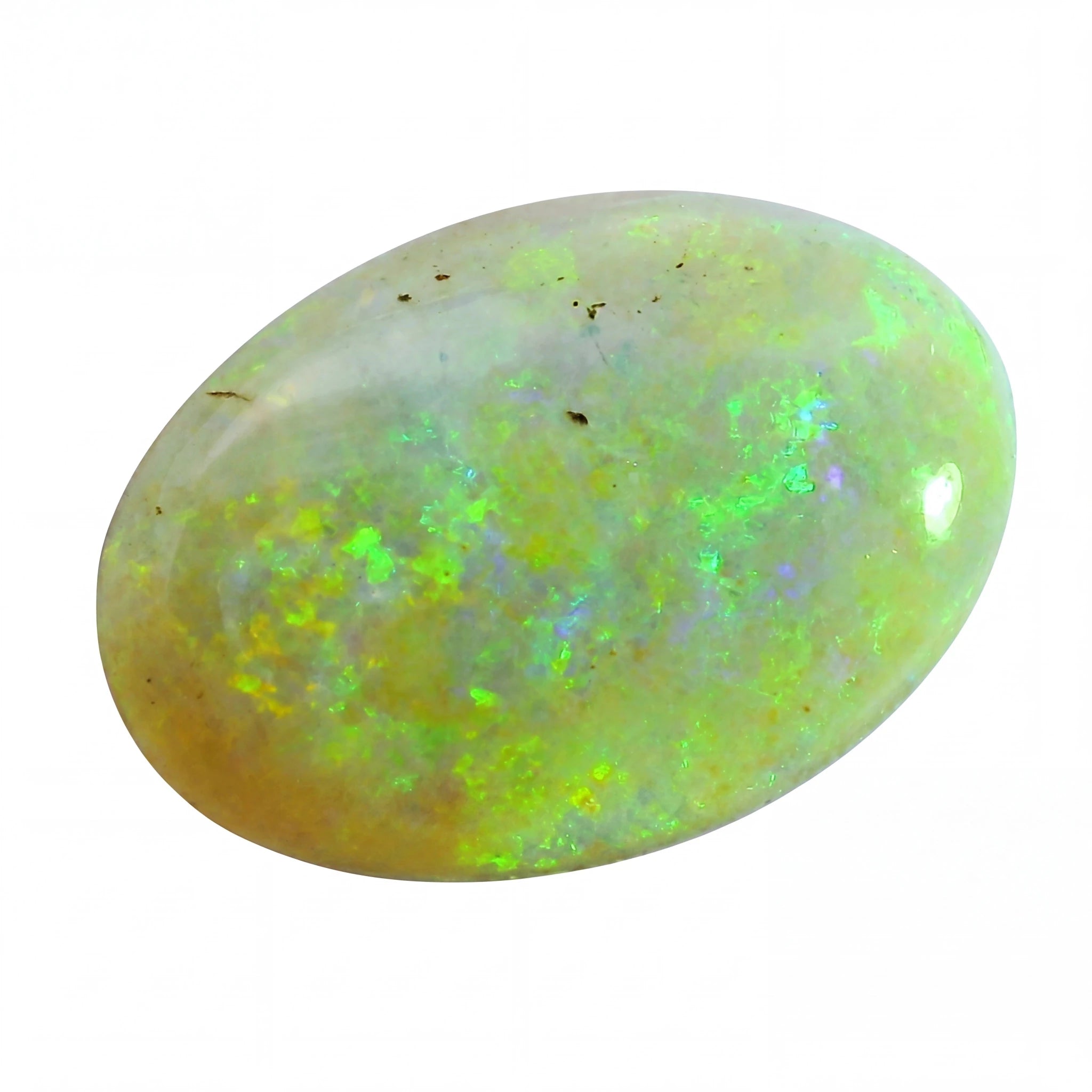 Opal stone with green and yellow colours on a white background
