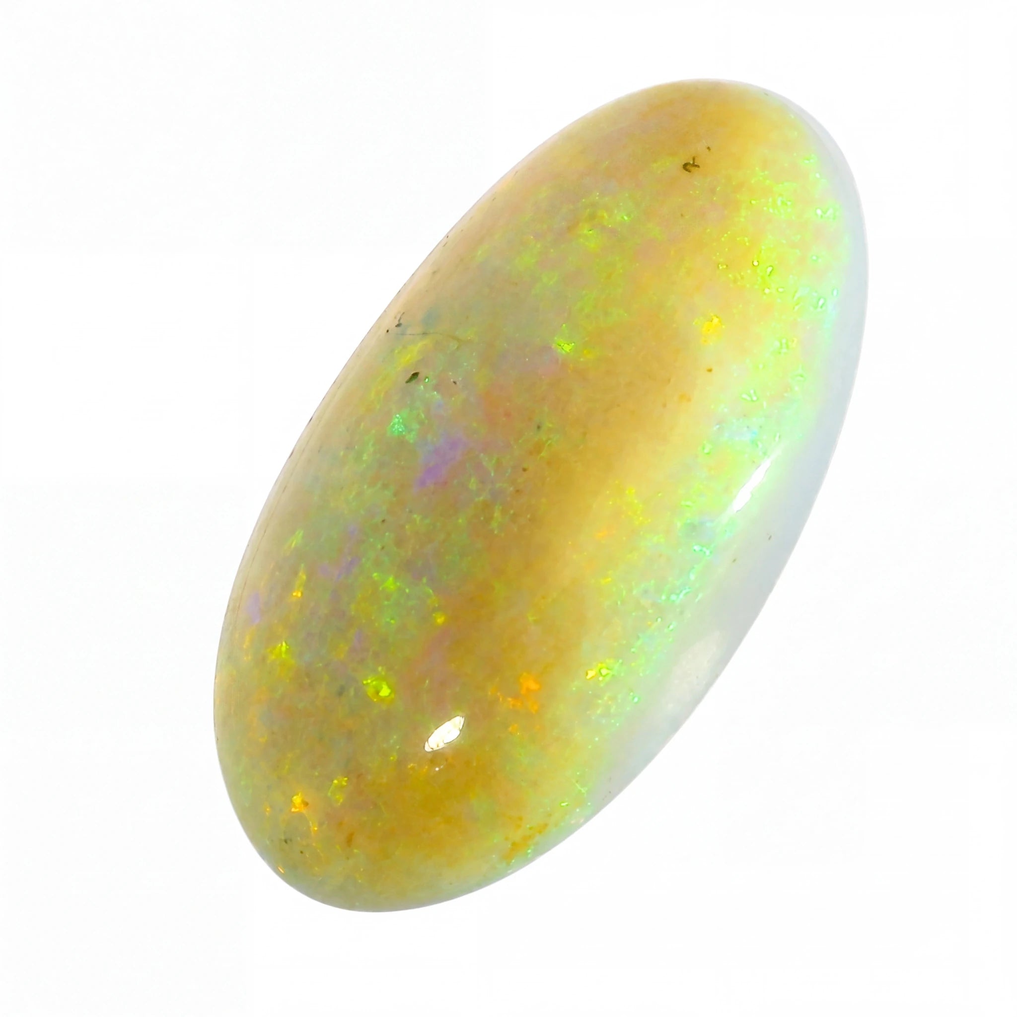 Opal stone with multicoloured play of light on a white background