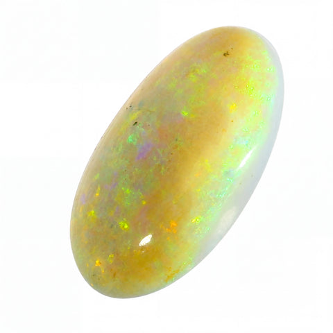 Opal stone with multicoloured play of light on a white background