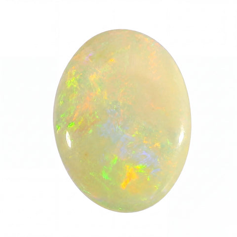 Opal stone with multicoloured play of light on a white background