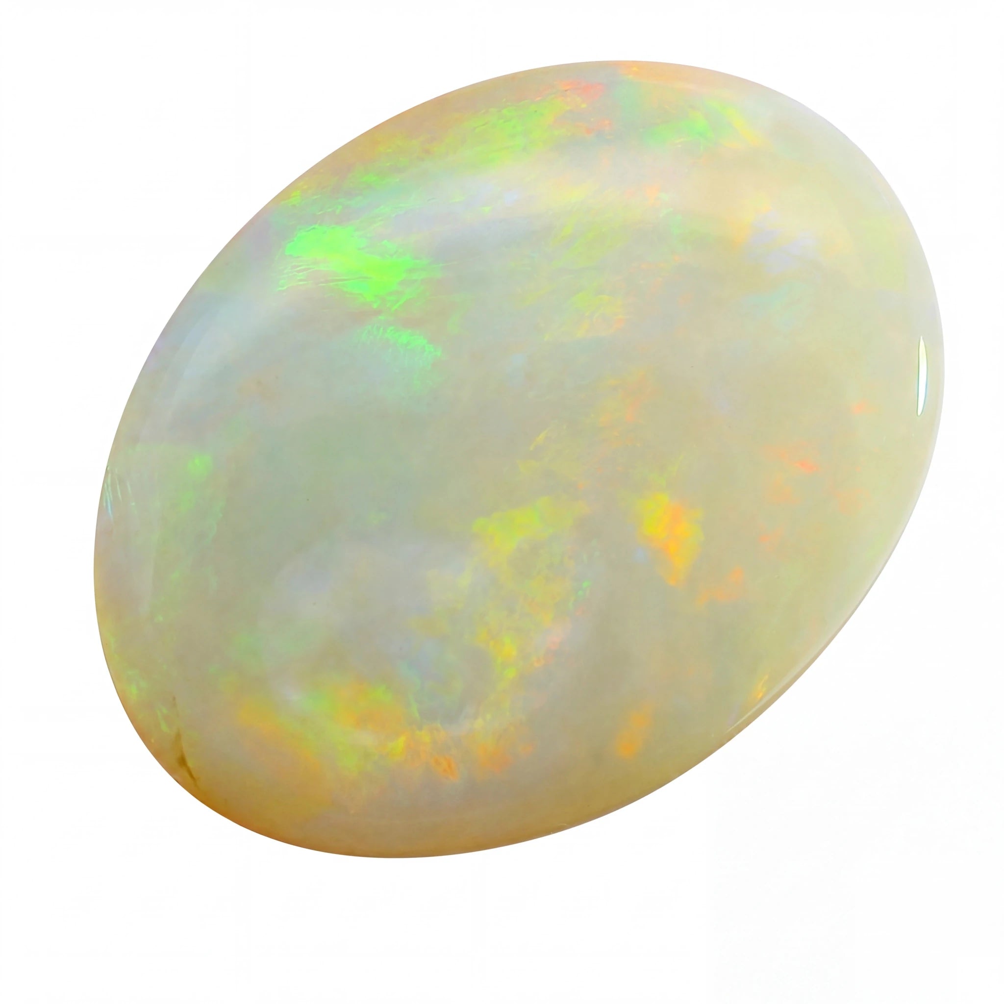 Opal stone with multicoloured play of light on a white background
