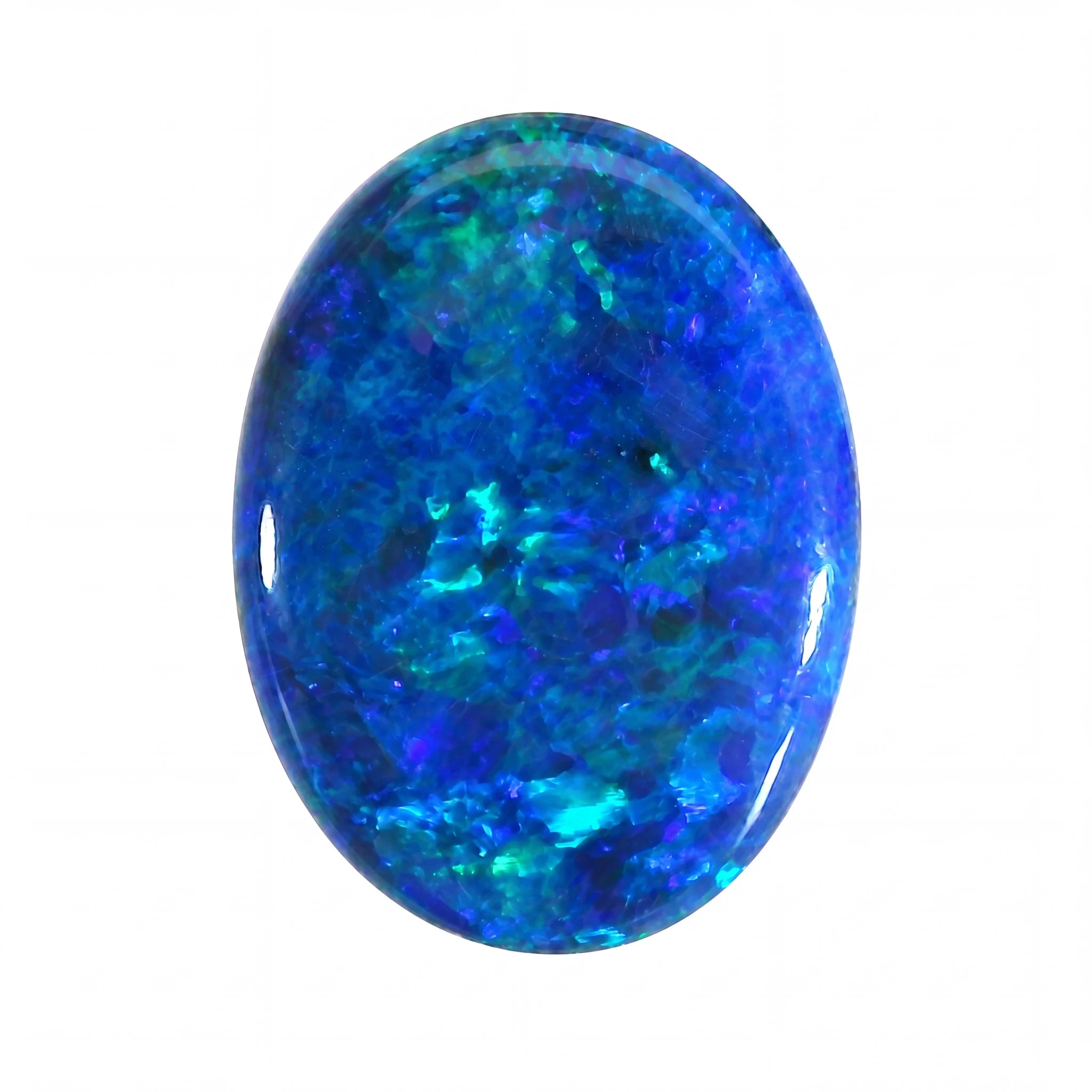 Oval-shaped blue opal gemstone on a white background