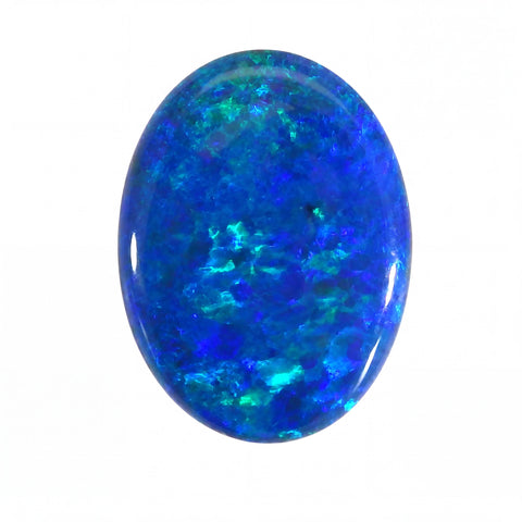 Oval-shaped blue opal gemstone on a white background