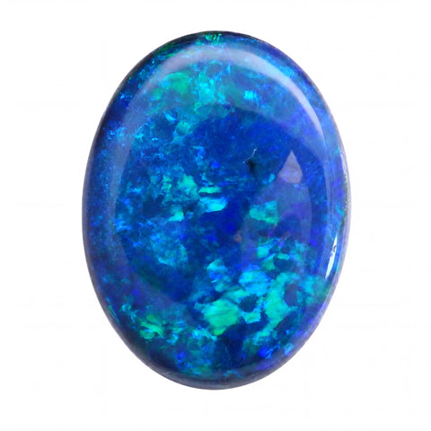 Oval-shaped blue and green opal gemstone on a white background