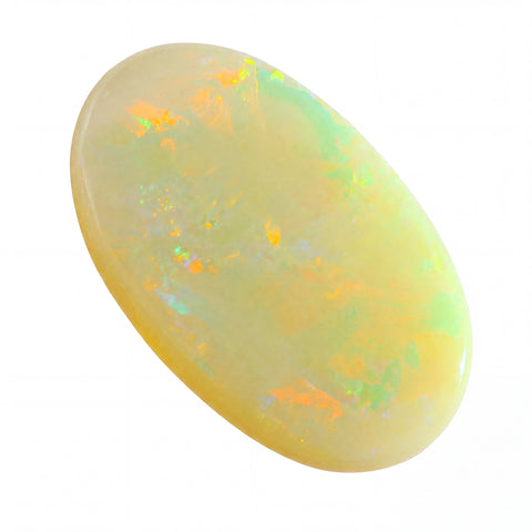 Opal stone with multicoloured play of light on a white background