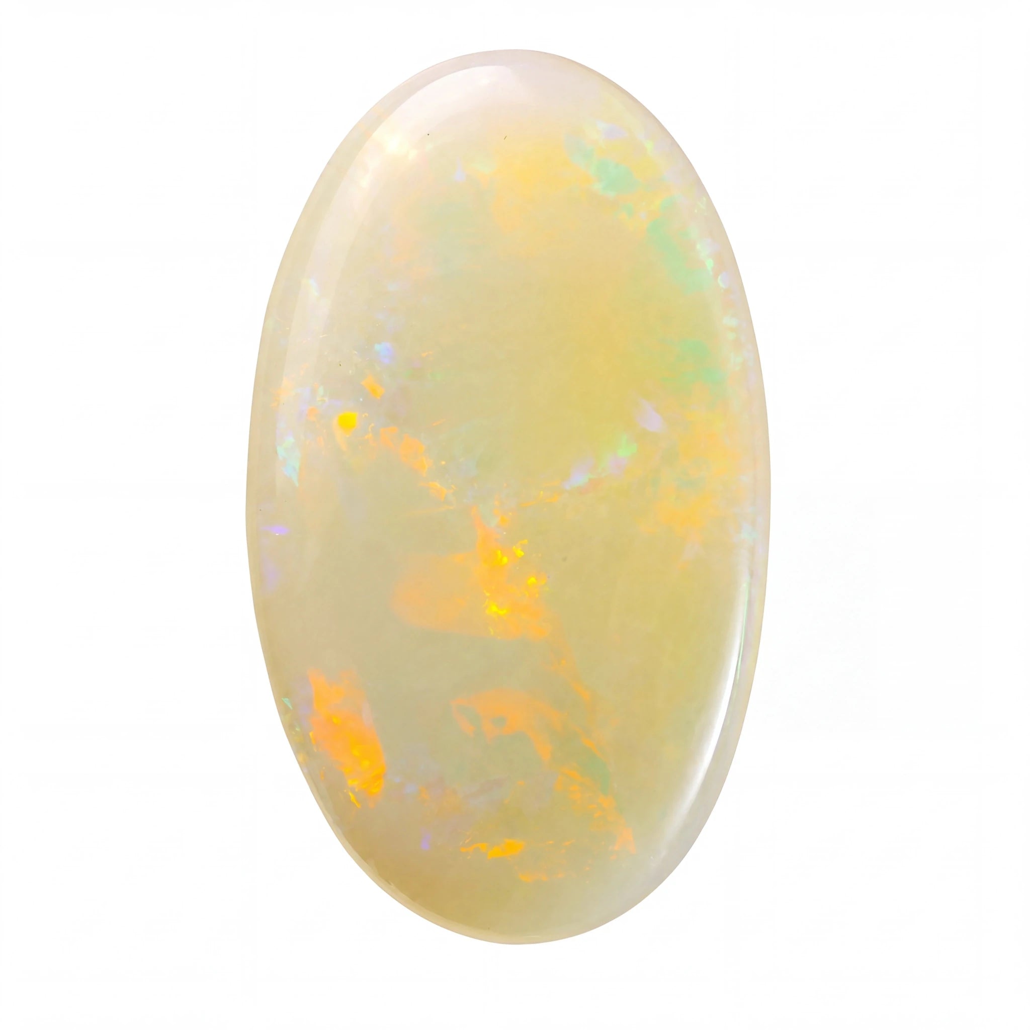 Opal stone with multicoloured speckles on a white background
