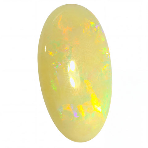 Opal gemstone with multicoloured play of light on a white background