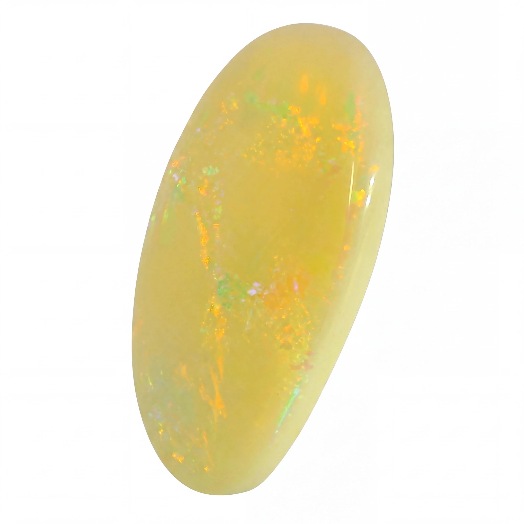 Opal stone with colourful play of light on a white background