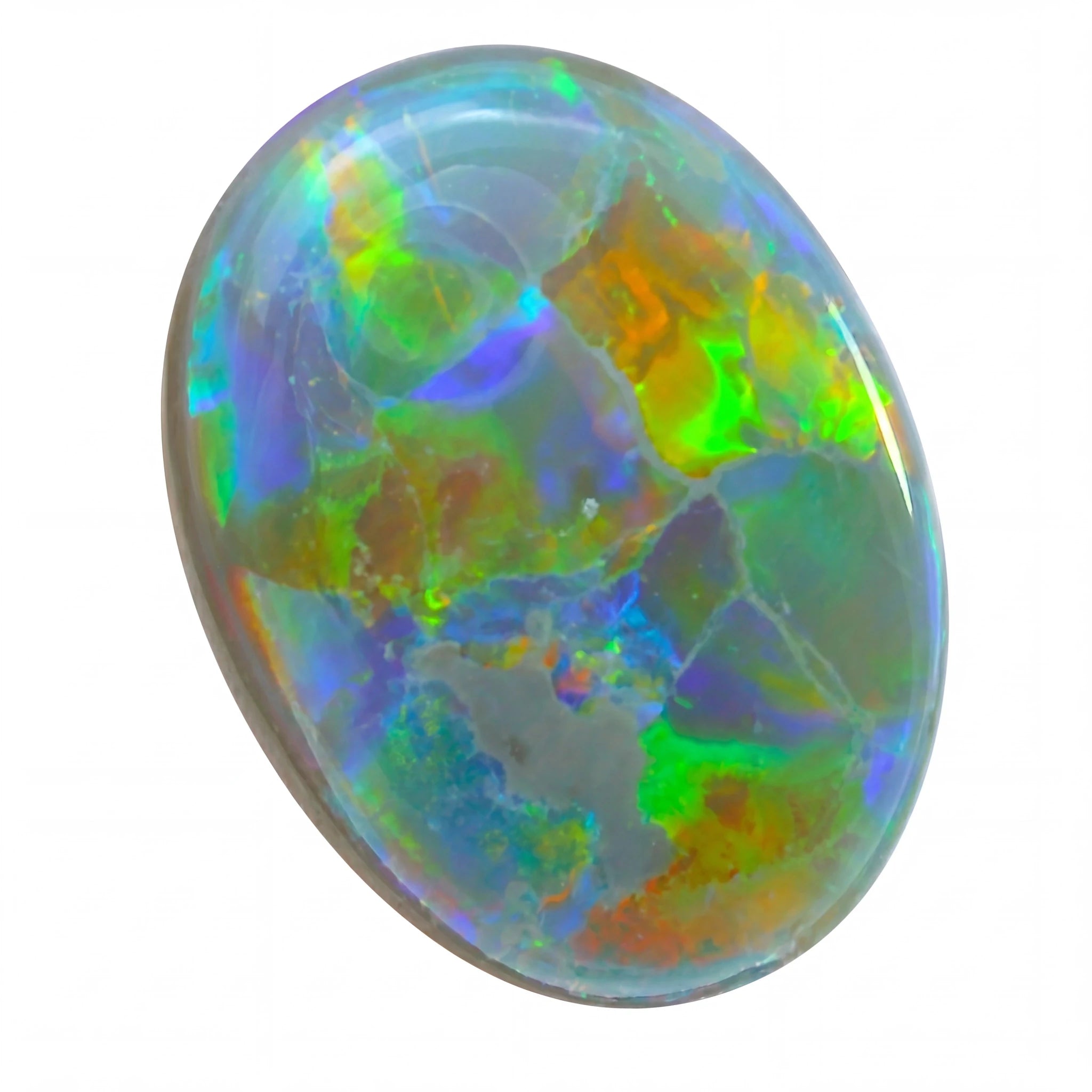 Multicoloured opal stone on a white background