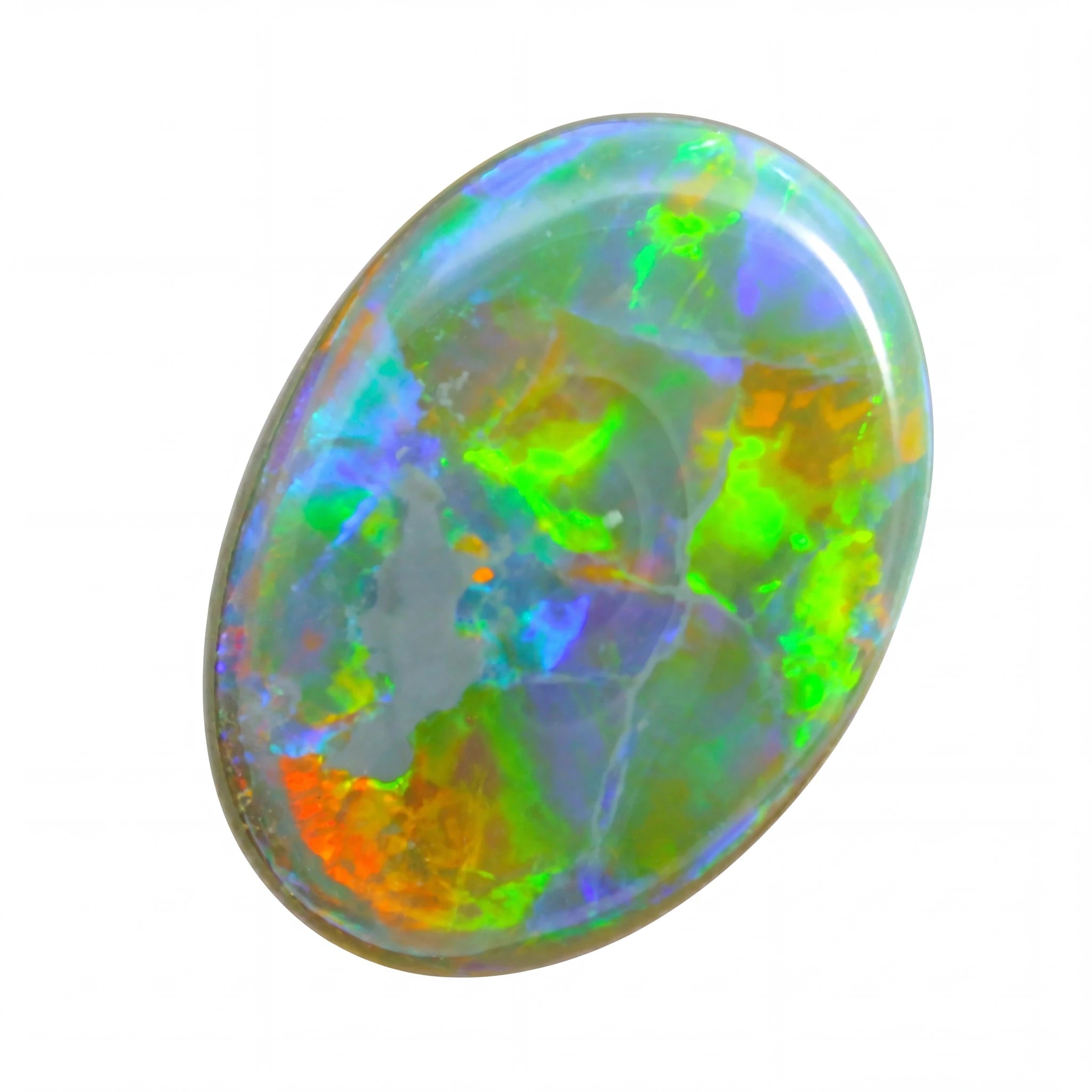 Multicoloured opal stone on a white background
