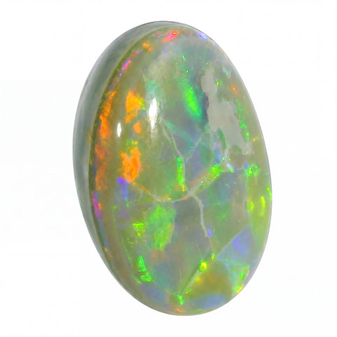 Opal stone with multicoloured play of light on a white background