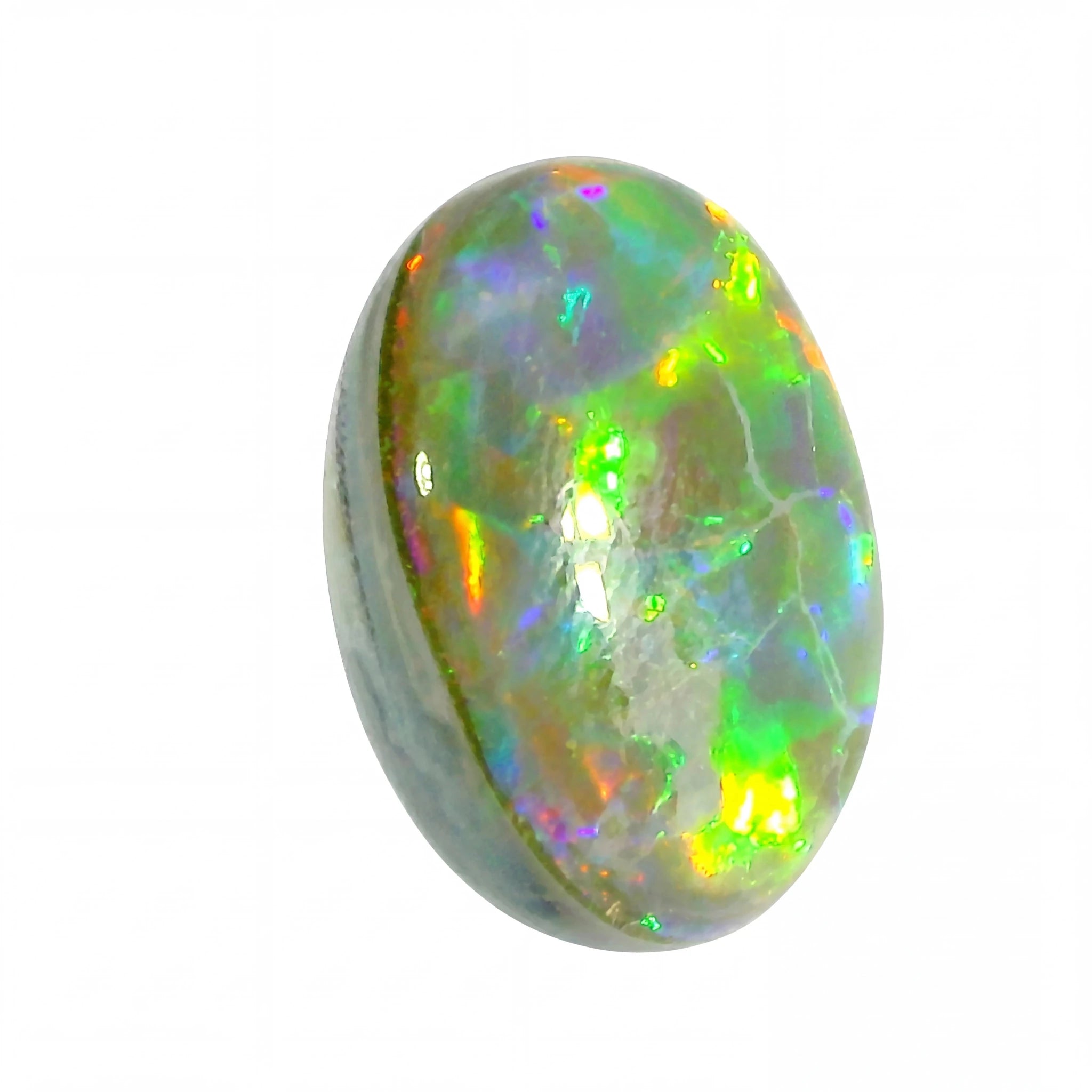 Multicoloured opal stone on a white background