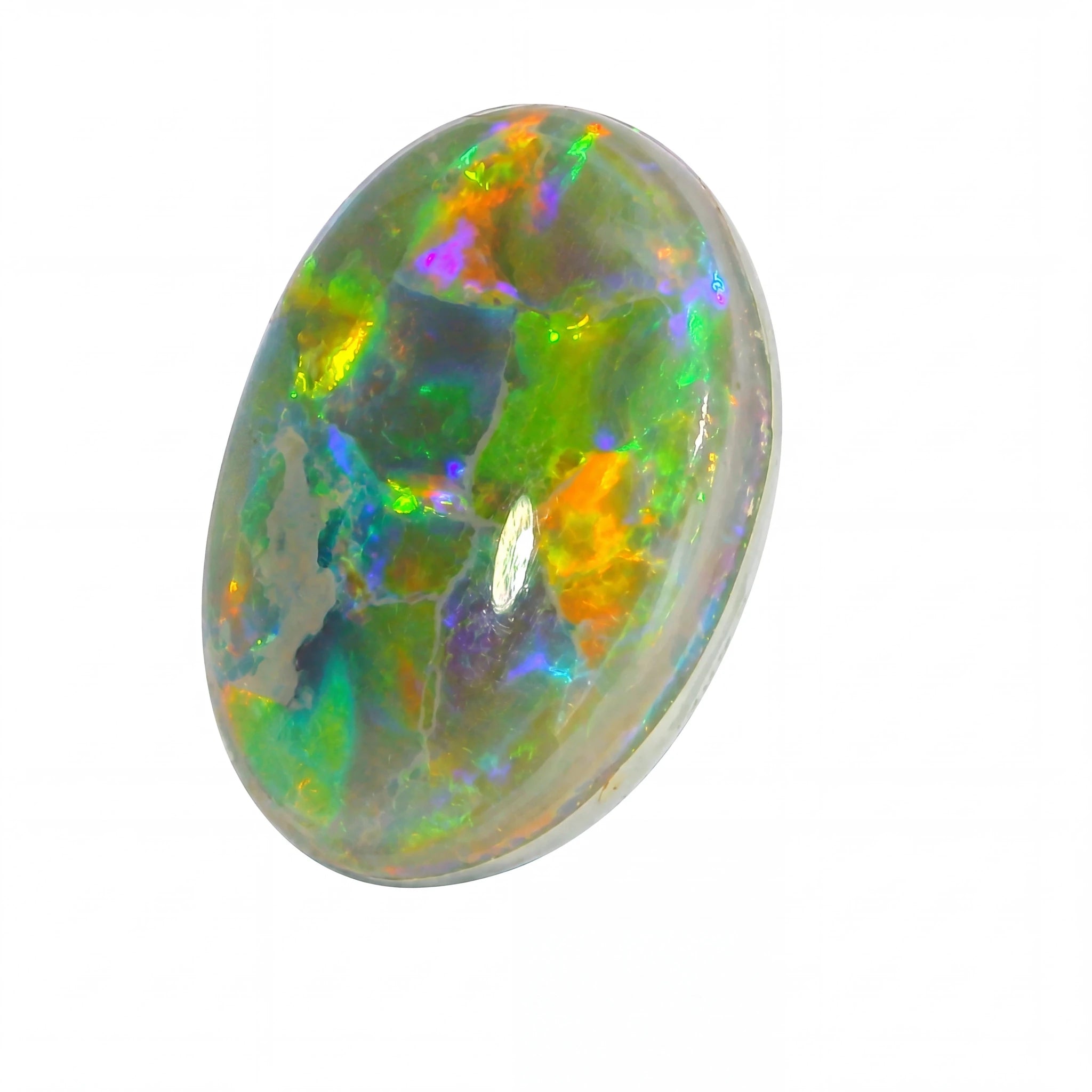 Multicoloured opal stone on a white background