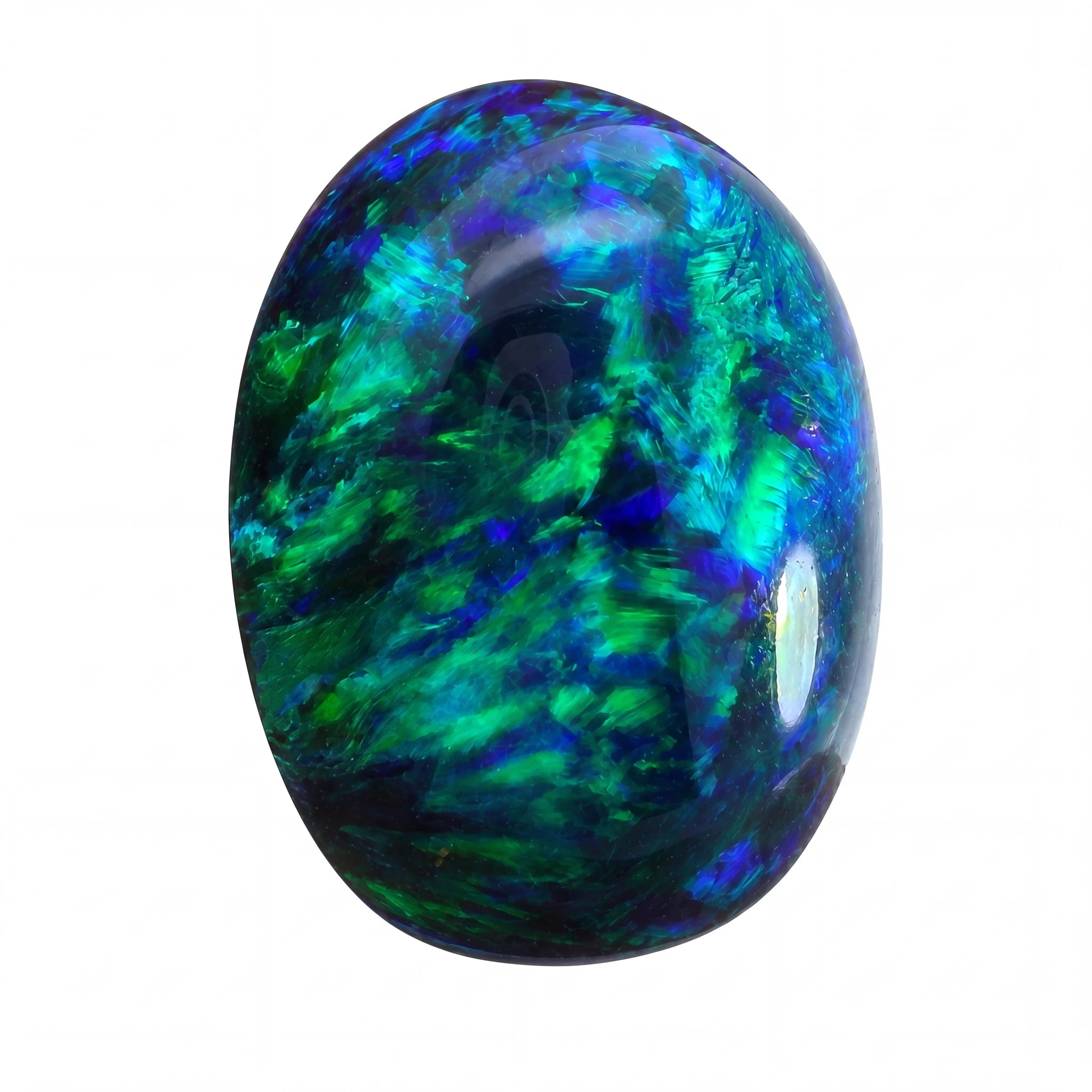 Oval-shaped opal gemstone with vibrant blue and green colours on a white background