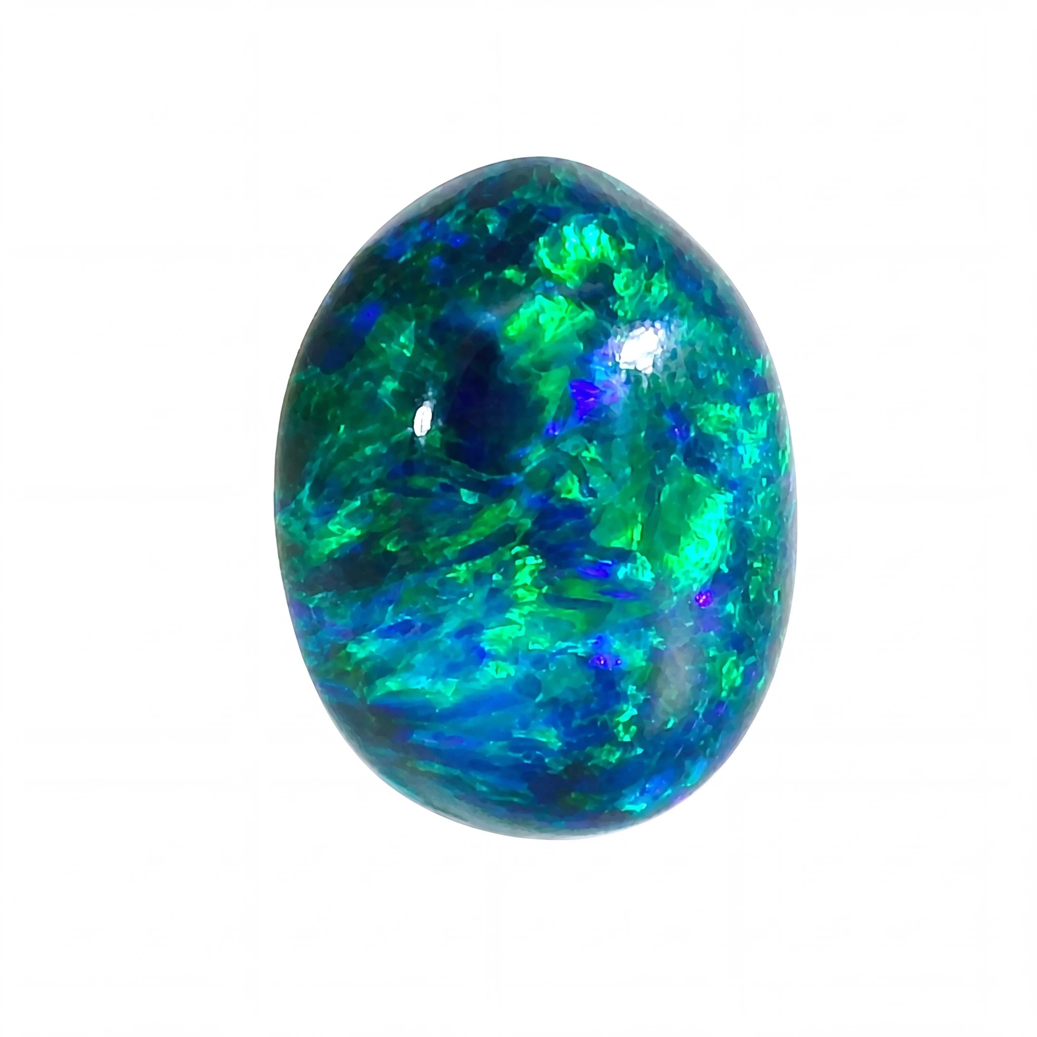Oval-shaped opal stone with green and blue colours on a white background