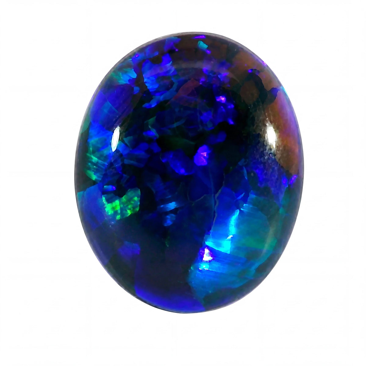 Oval-shaped gemstone with multicoloured inclusions on a white background