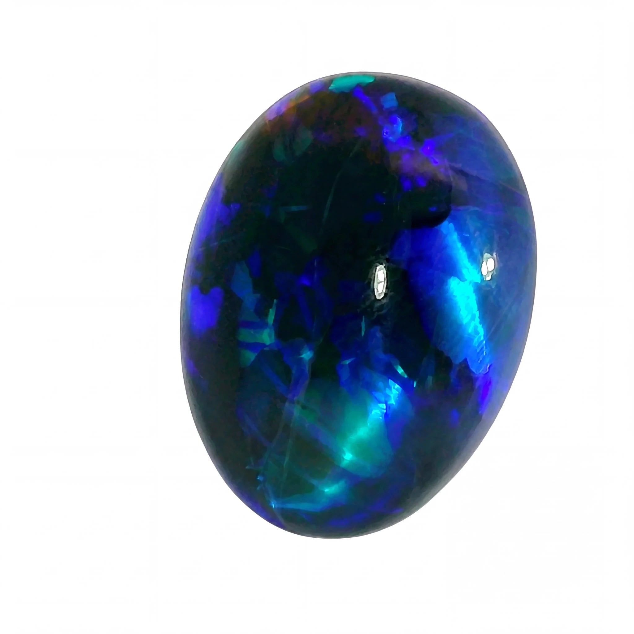 Oval-shaped opal gemstone with blue and green colours on a white background