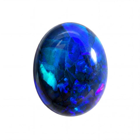 Oval-shaped blue gemstone on a white background
