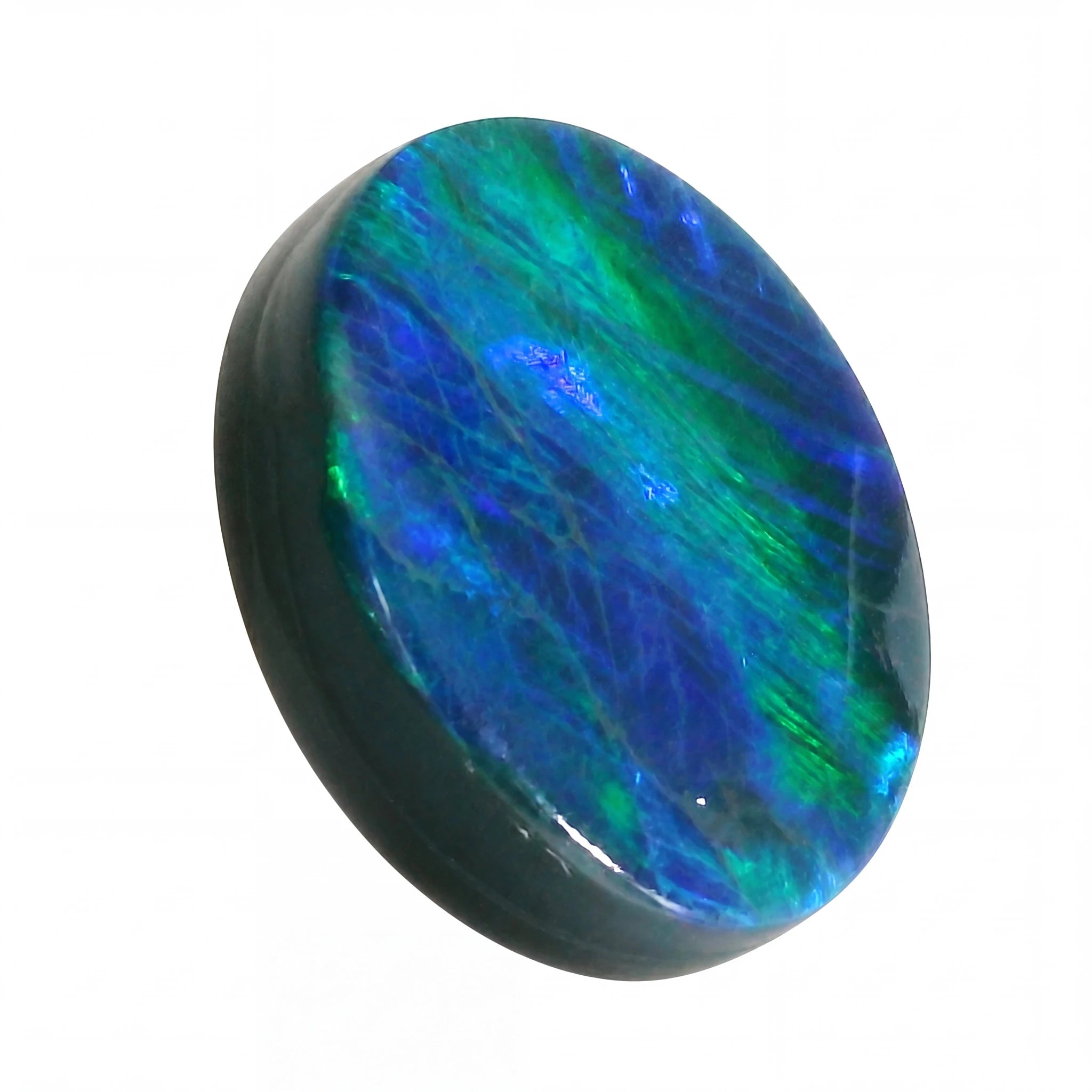 Opal stone with blue and green patterns on a white background