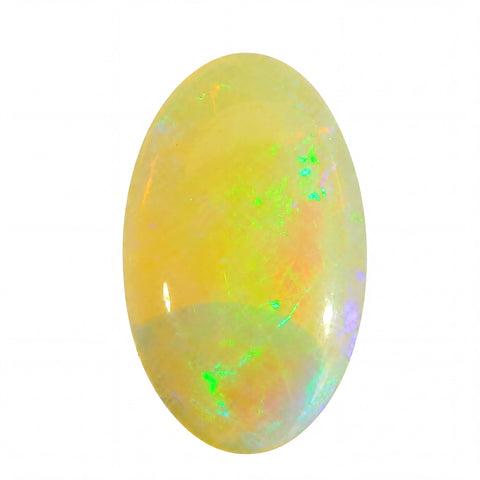 Oval-shaped opal stone with multicolour play of light on a white background