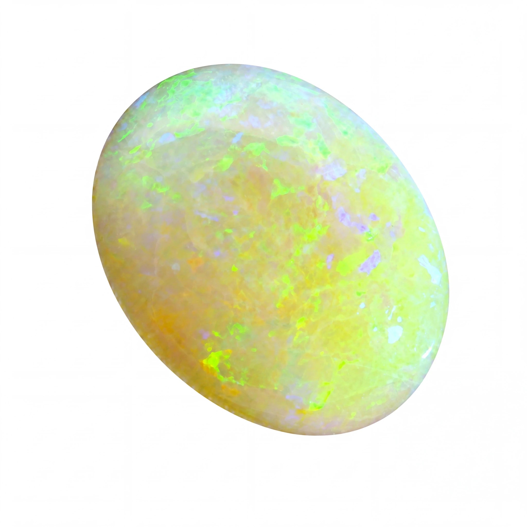 Opal stone with a bright green and yellow colour on a white background