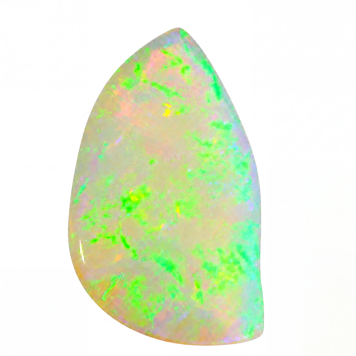 Teardrop-shaped opal stone with green and white colours on a white background