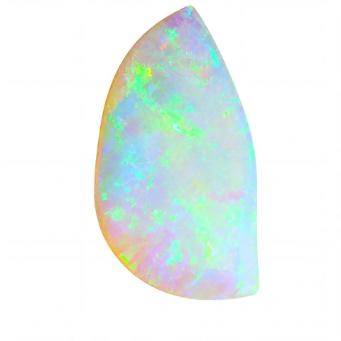Teardrop-shaped opal gemstone with multicolour fluorescence on a white background