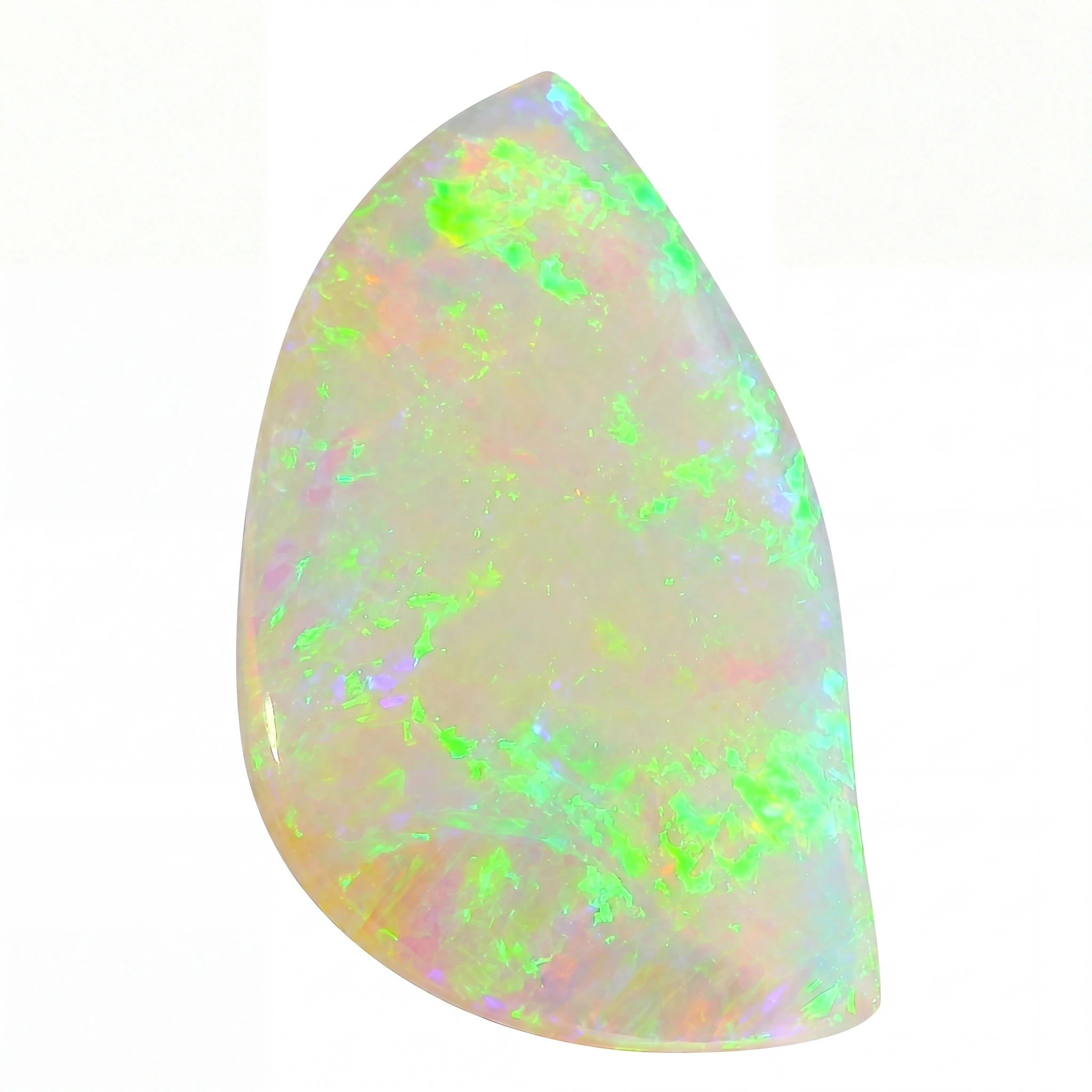 Teardrop-shaped opal stone with multicoloured fluorescence on a white background