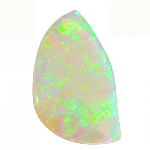 Teardrop-shaped opal stone with multicoloured fluorescence on a white background
