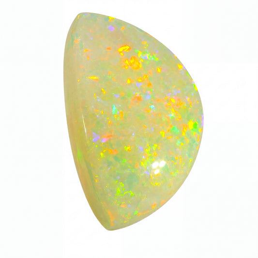 Opal stone with multicoloured speckles on a white background