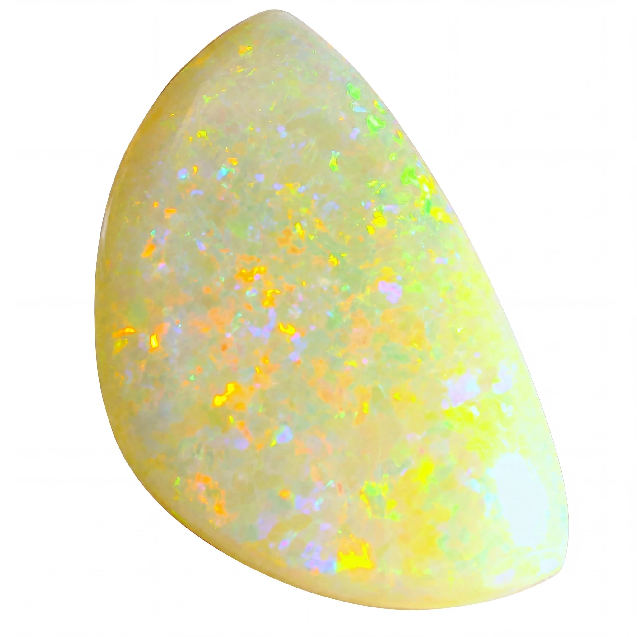 Teardrop-shaped opal stone with multicoloured speckles on a white background