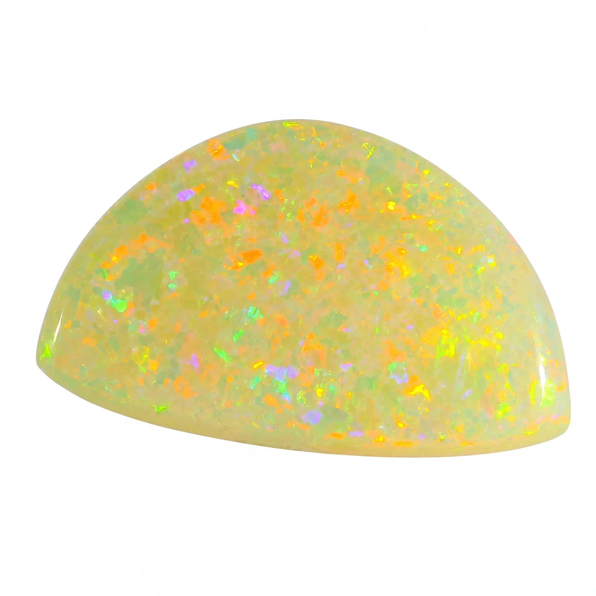 Opal stone with multicoloured speckles on a white background