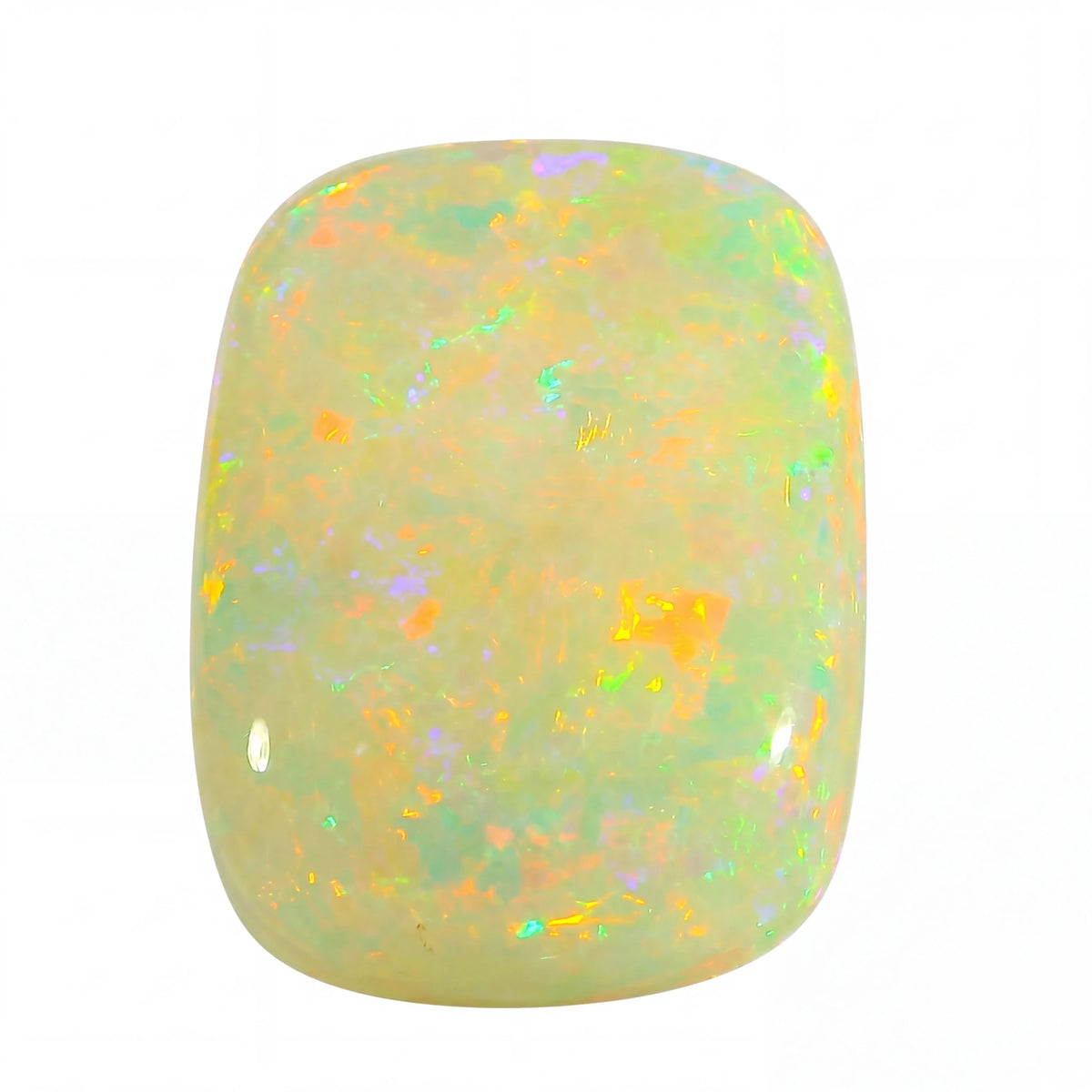 Opal stone with multicoloured speckles on a white background