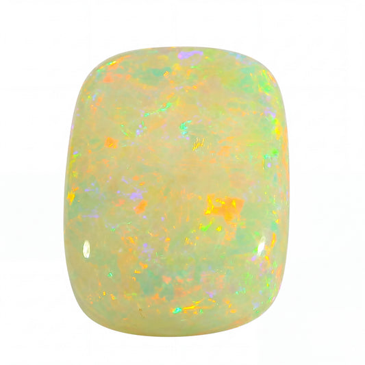 Opal stone with multicoloured speckles on a white background