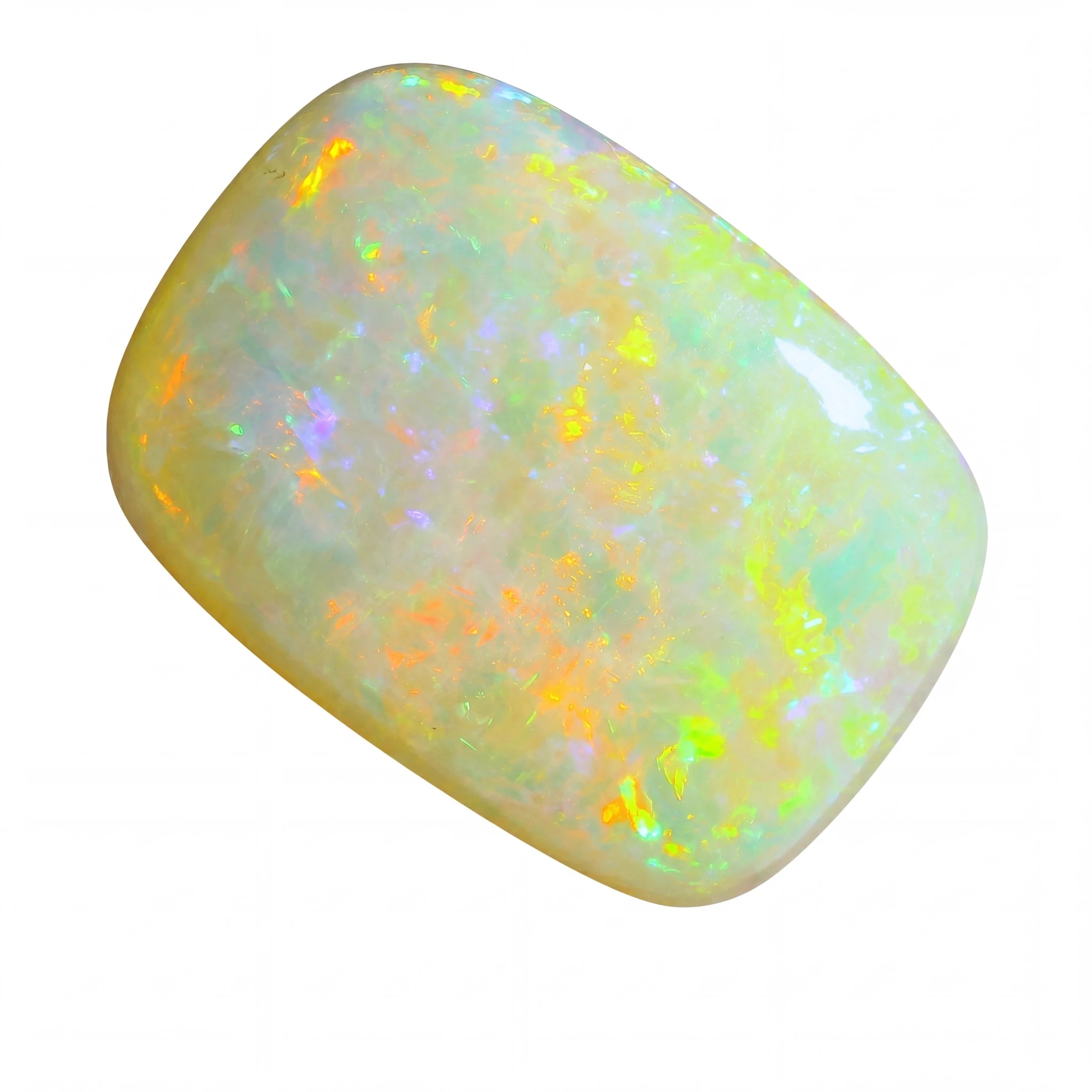 Opal stone with multicoloured play of light on a white background