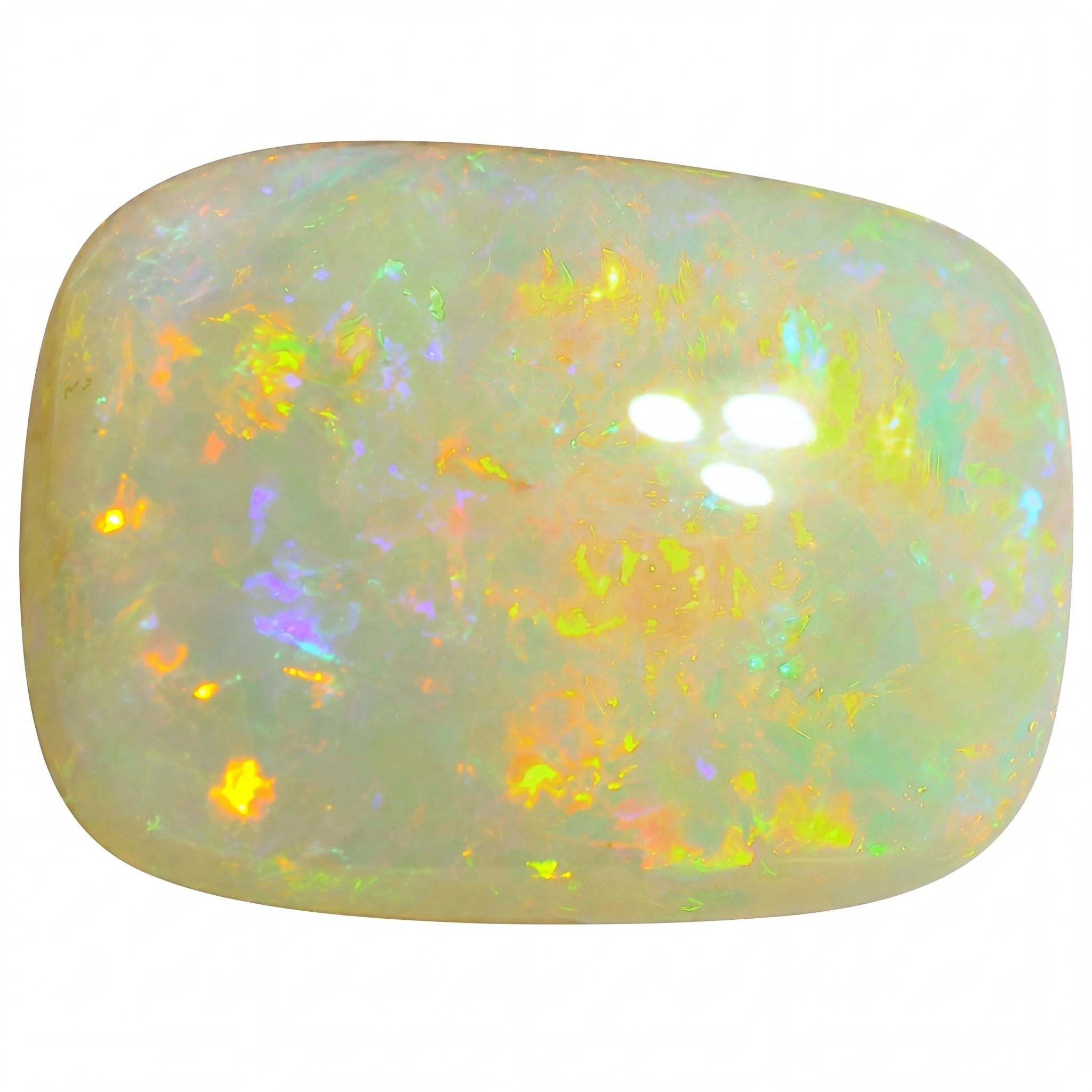 Opal stone with multicoloured play of light on a white background