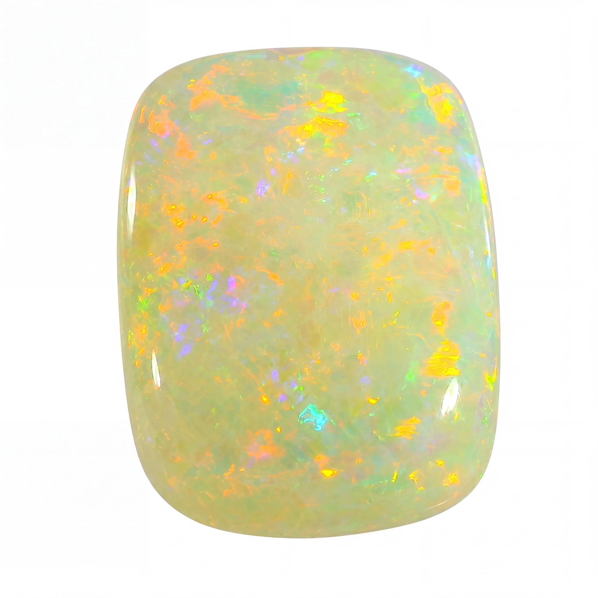 Opal gemstone with multicoloured speckles on a white background