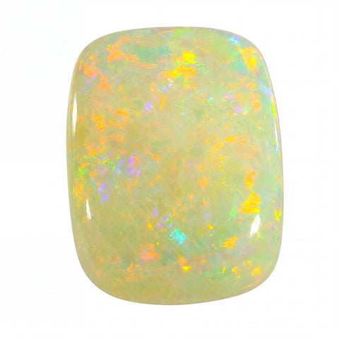 Opal gemstone with multicoloured speckles on a white background