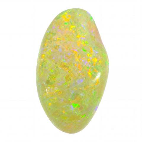 Opal stone with multicoloured speckles on a white background