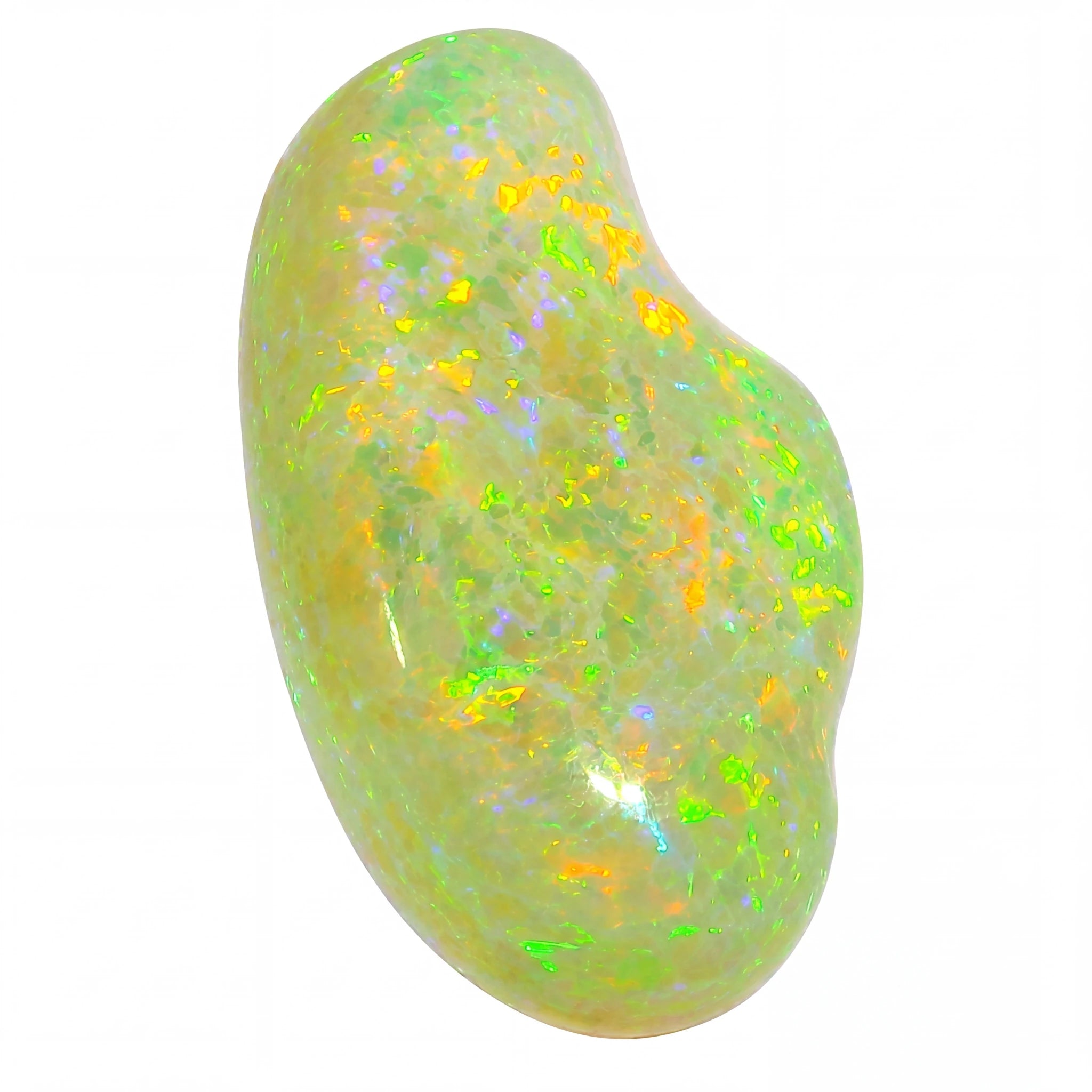 Opal stone with multicoloured fluorescence on a white background