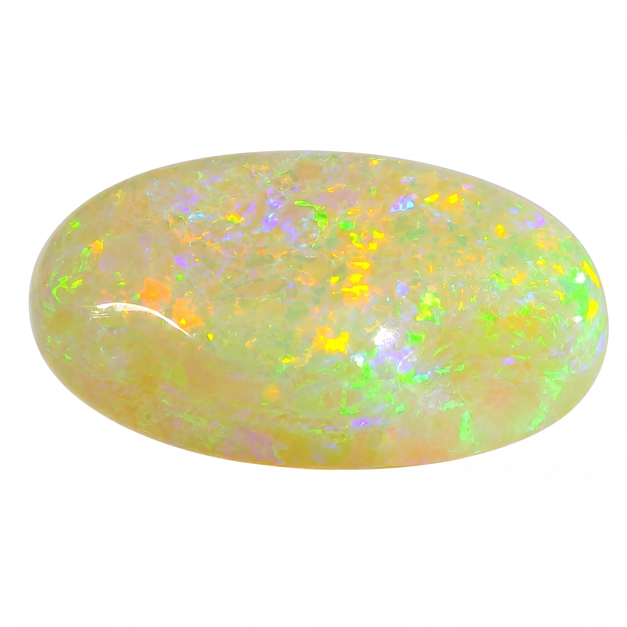Opal stone with multicoloured fluorescence on a white background
